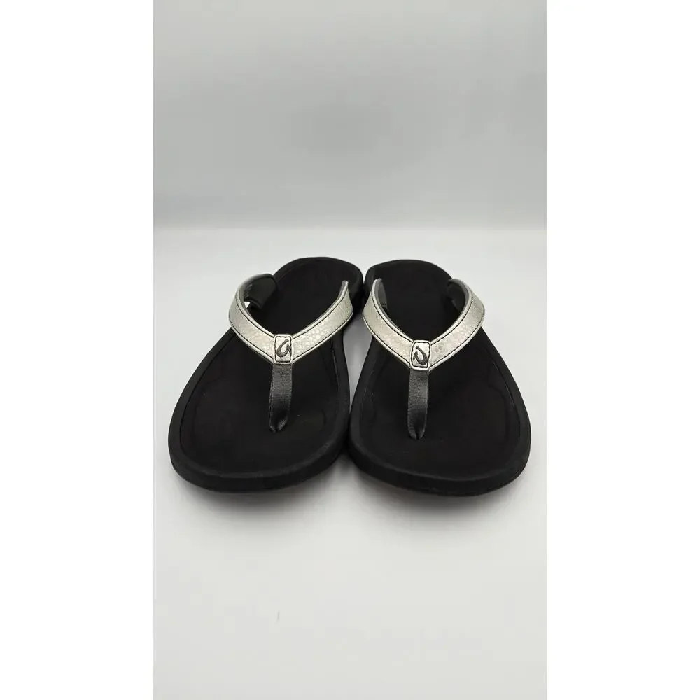 Olukai Kulapa Kai Womens Thong Sandals Flip Flops Black Silver Metallic Size 11